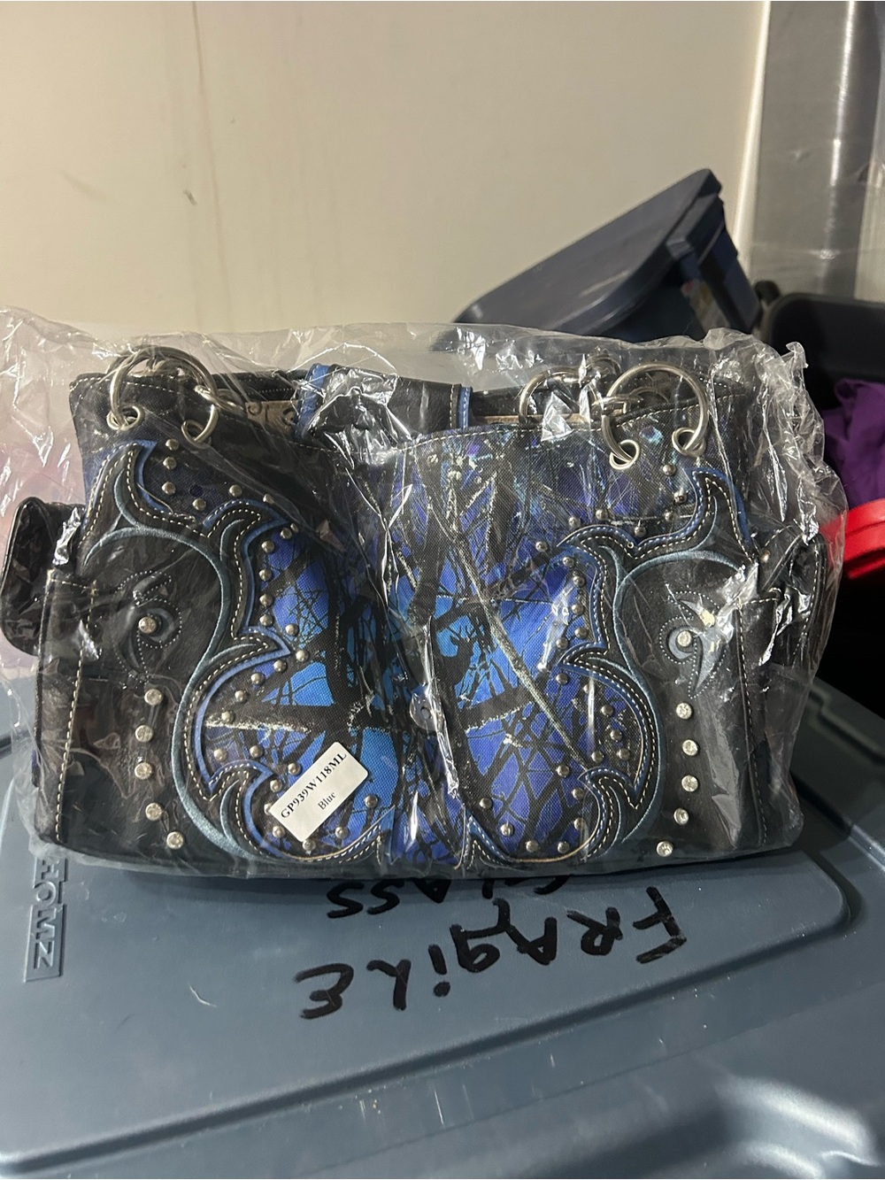 Blue and Black Embroidered Women's Shoulder Bag